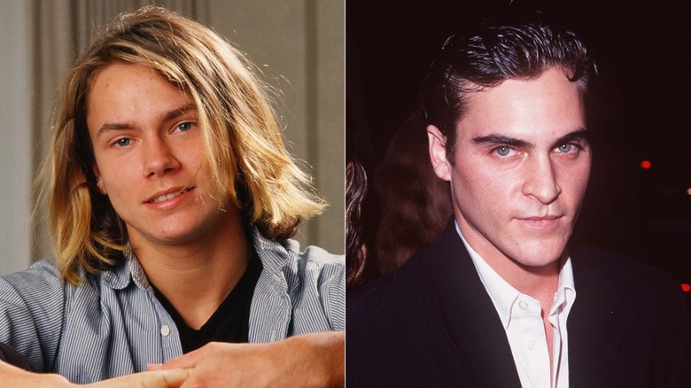 River Phoenix wearing a striped button-down shirt and black t-shirt, left, and Joaquin Phoenix wearing a black jacket and white shirt, right