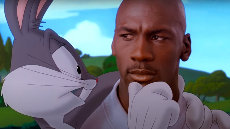 Michael Jordan holding Bugs Bunny in Space Jam