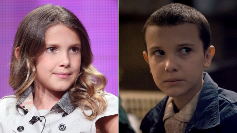 Millie Bobby Brown before shaving her head (left) and after (right)