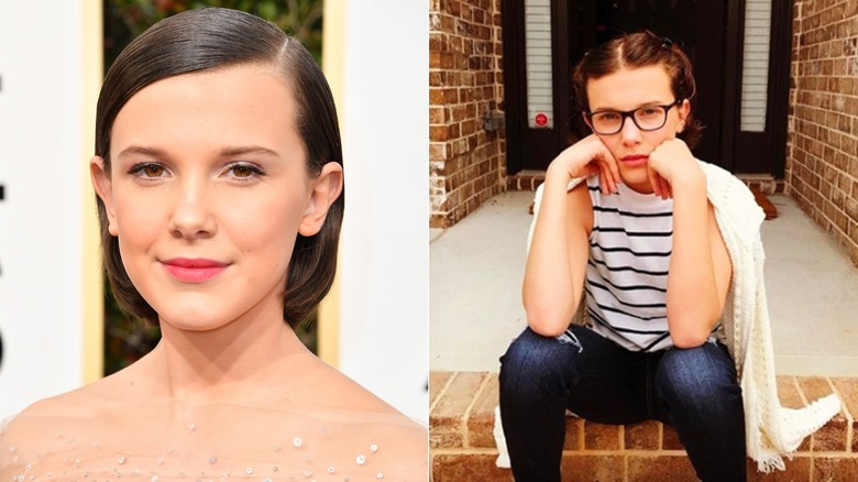 Millie Bobby Brown with slicked back hair and french braids