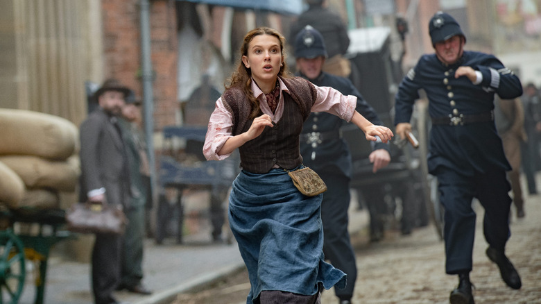 Millie Bobby Brown acting in "Enola Holmes 2"