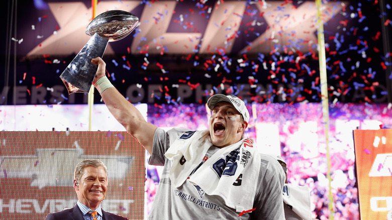 Rob Gronkowski celebrating his Super Bowl win