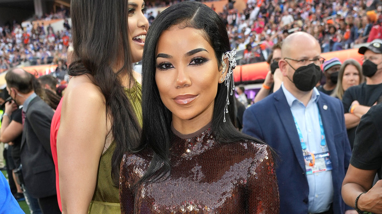 Jhene Aiko posing at the Super Bowl