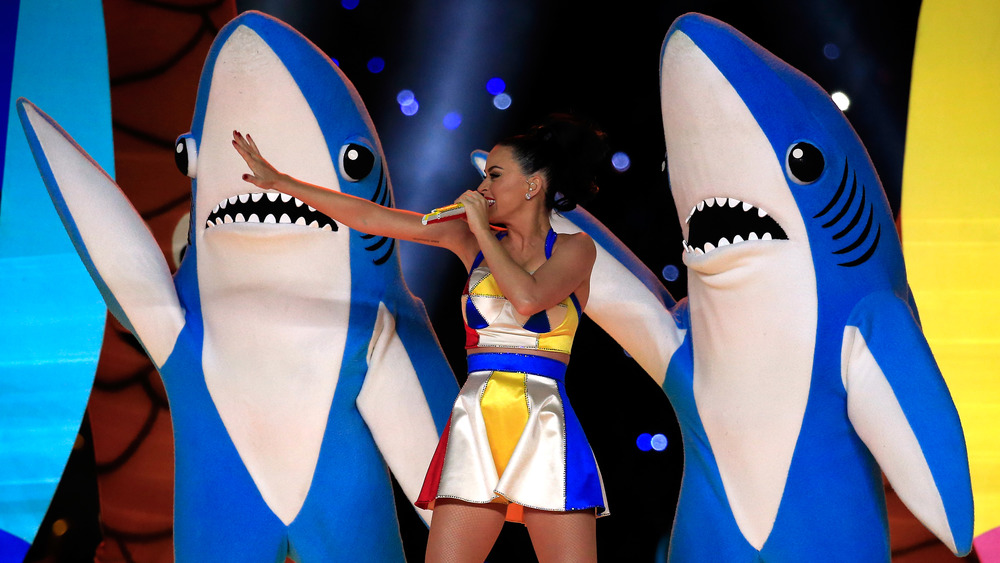 Katy Perry and Left Shark performing during the Super Bowl XLIX halftime show