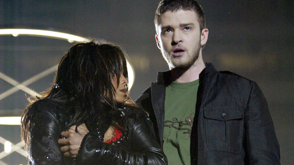 Janet Jackson and Justin Timberlake performing during the Super Bowl XXXVIII halftime show