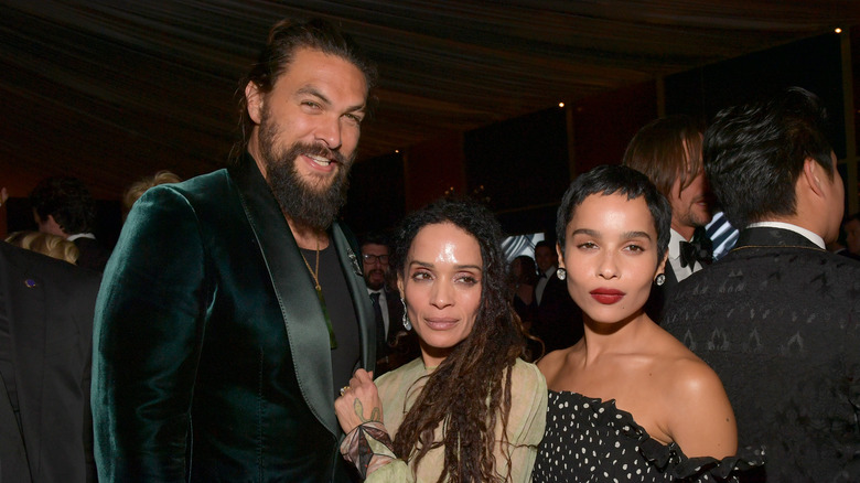 Jason Momoa, Lisa Bonet, and Zoë Kravitz posing in 2020