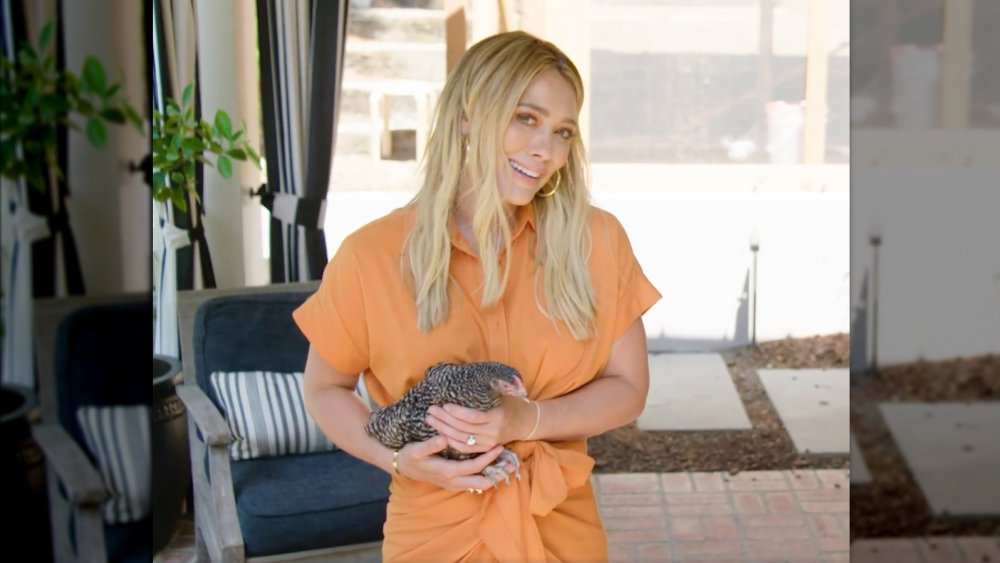 Hilary Duff holding Patsy the chicken