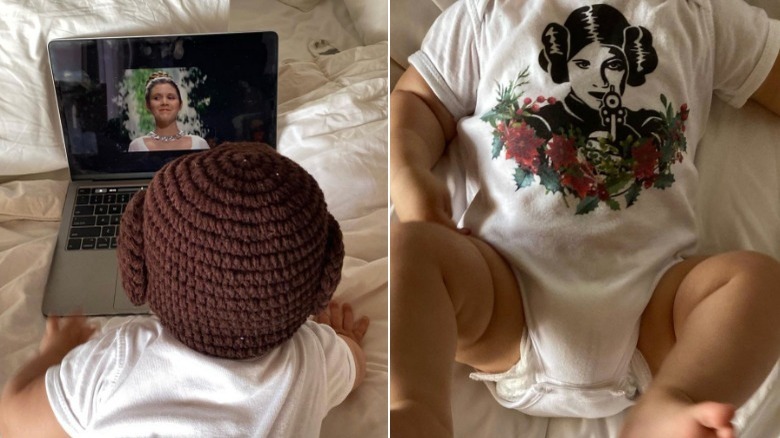 Billie Lourd's son in Star Wars onesie and watching movie