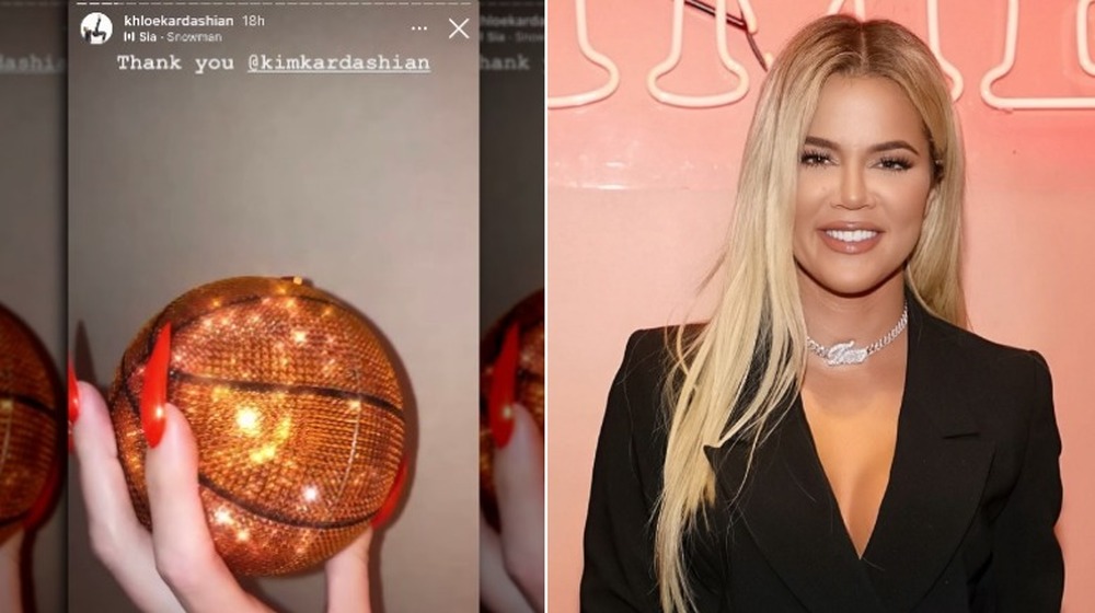 Sparkly basketball purse side-by-side with Khloe Kardashian