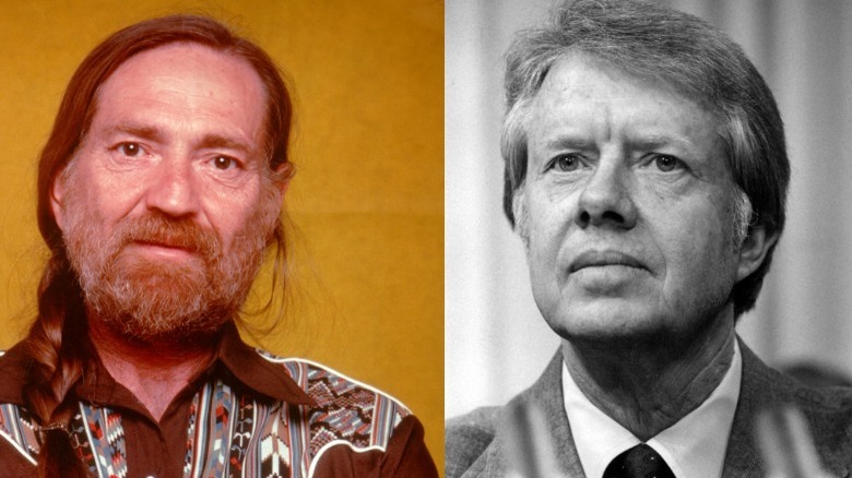 Willie Nelson wears a Western dress shirt, Jimmy Carter is seen in a suit