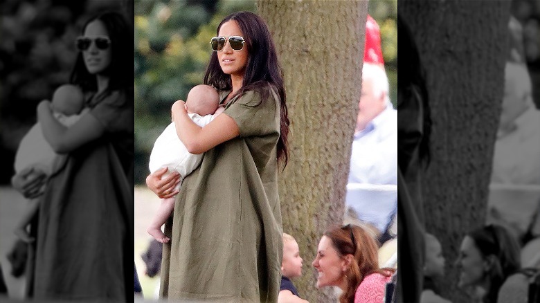 Meghan Markle holding baby Archie, Kate Middleton playing with Prince Louis