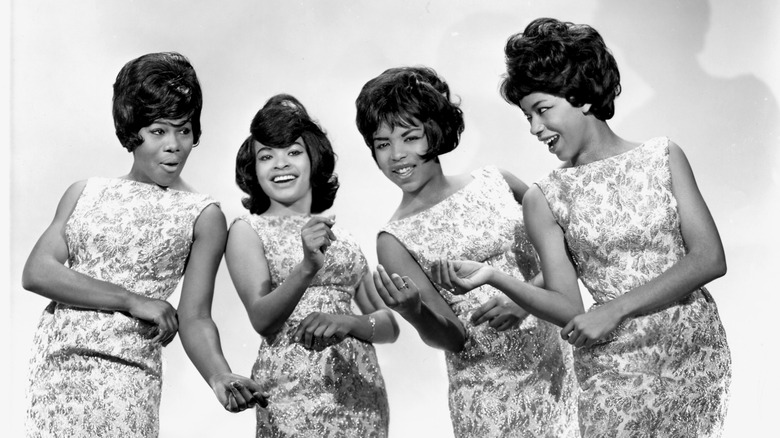 Motown singing group The Marvelettes (L-R Gladys Horton, Wanda Young (Rogers), Georgeanna Tillman (Gordon) and Katherine Anderson) posing for a portrait