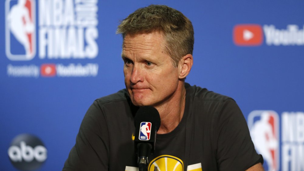 Head coach Steve Kerr of the Golden State Warriors speaks to the media following Game Three of the 2019 NBA Finals against the Toronto Raptors