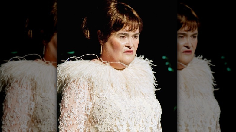 Susan Boyle in feathery dress