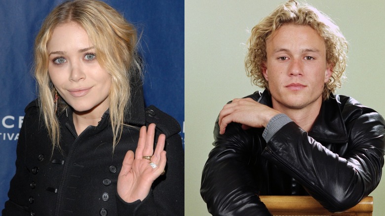 Mary Kate Olsen waving and Heath Ledger posing on a chair