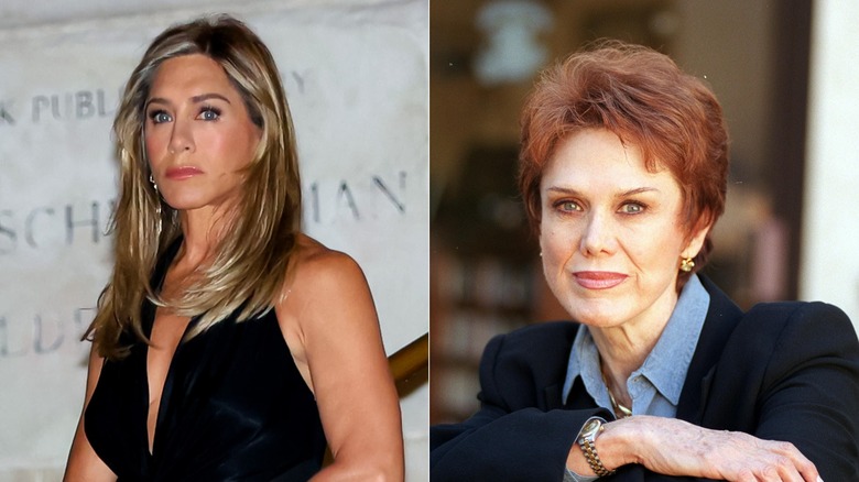 Jennifer Aniston wearing a black haulter gown left, and Nancy Dow wearing a black blazer and blue collared blouse, right