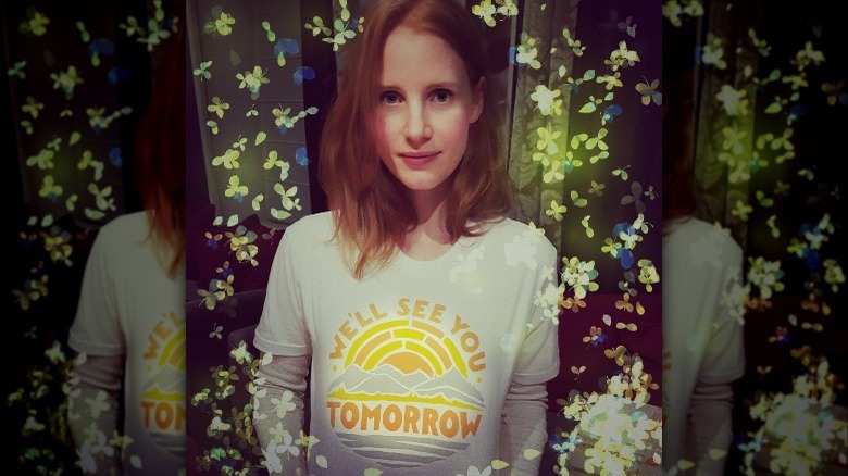 Jessica Chastain wears a motivational T-shirt