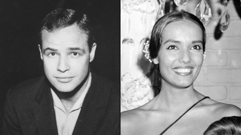 Marlon Brando and Anna Kashfi posing in split image