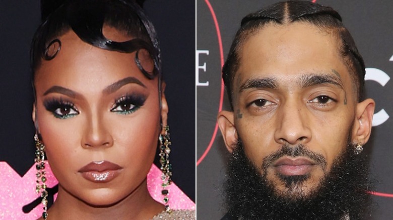 Split image of Ashanti and Nipsey Hussle