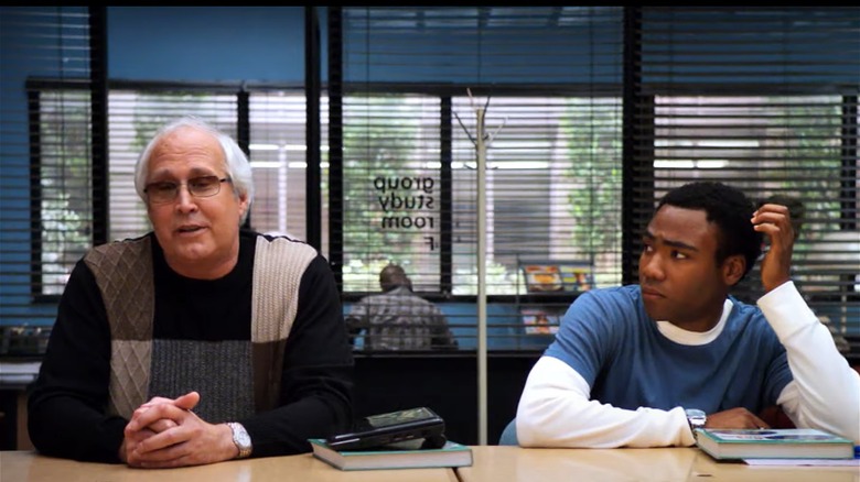 Community actors Chevy Chase and Donald Glover acting