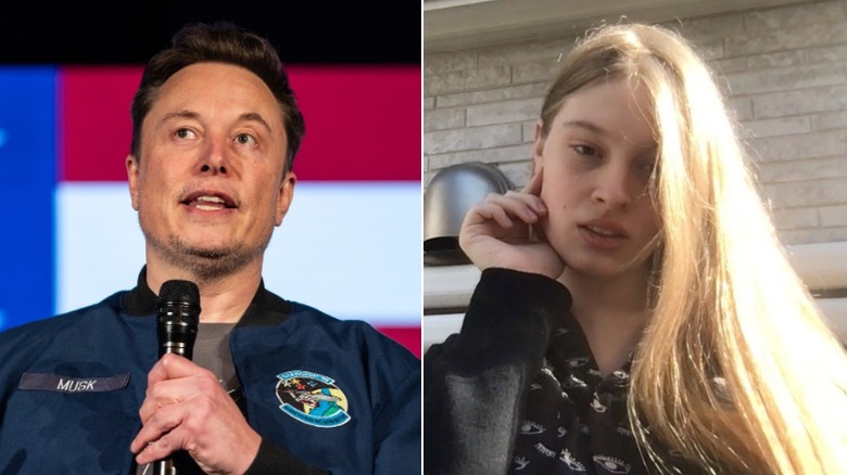 Split image of Elon Musk speaking, left, and Vivian taking a selfie, right