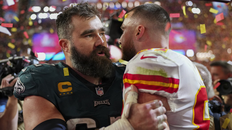 Jason Kelce hugging Travis Kelce