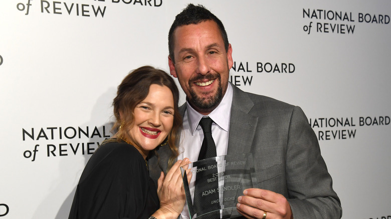 Drew Barrymore and Adam Sandler smiling in 2020