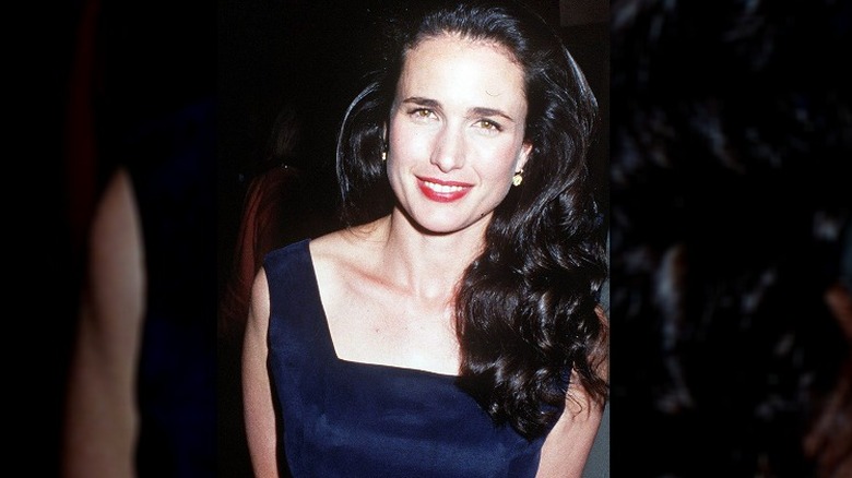 Andie MacDowell black hair pink lips on red carpet 90s