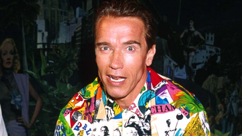 Arnold Schwarzenegger in a colorful patterned shirt