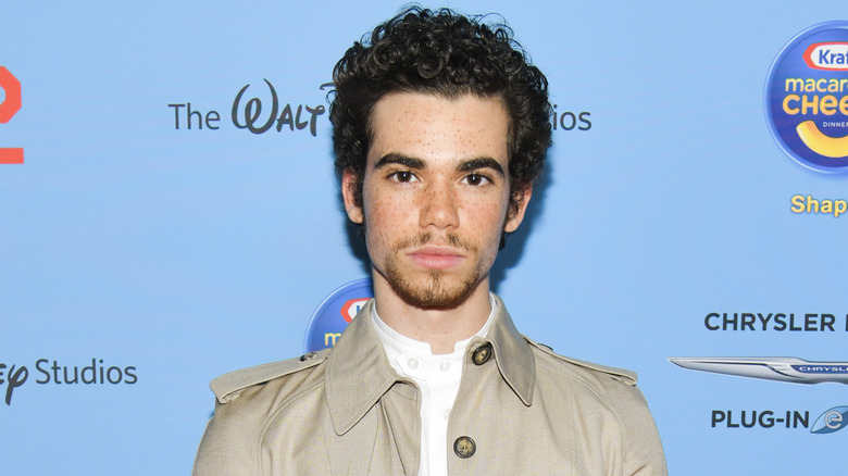 Cameron Boyce poses on red carpet with beige jacket