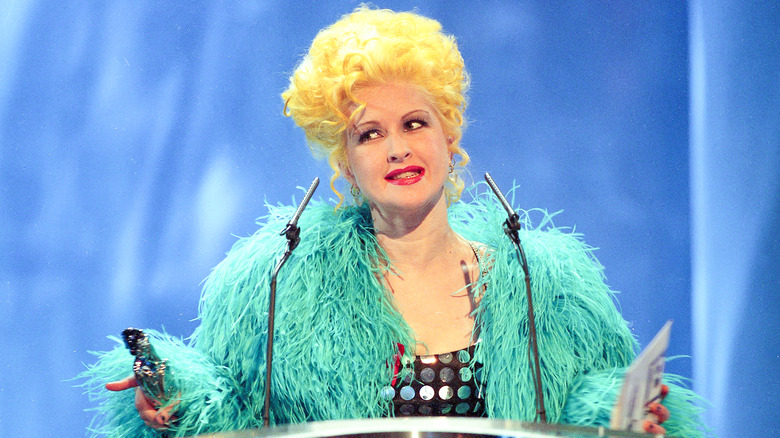 Cyndi Lauper in a shaggy coat at BRIT Awards