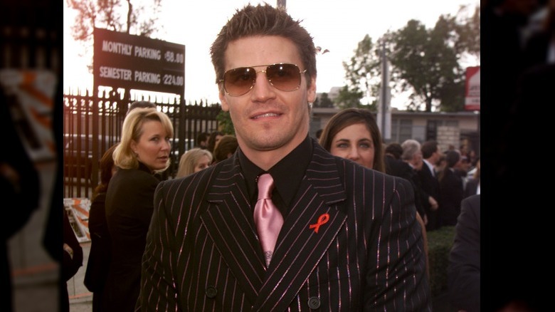 David boreanaz in shiny pink pinstripe suit