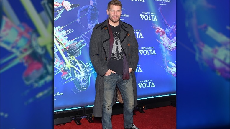 Bearded David Boreanaz wearing tweed trench coat