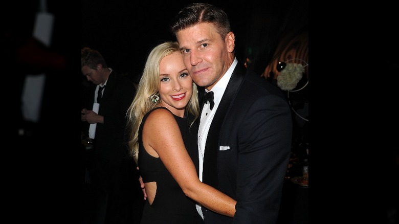 David Boreanaz wearing a tuxedo with wife Jaime Bergman