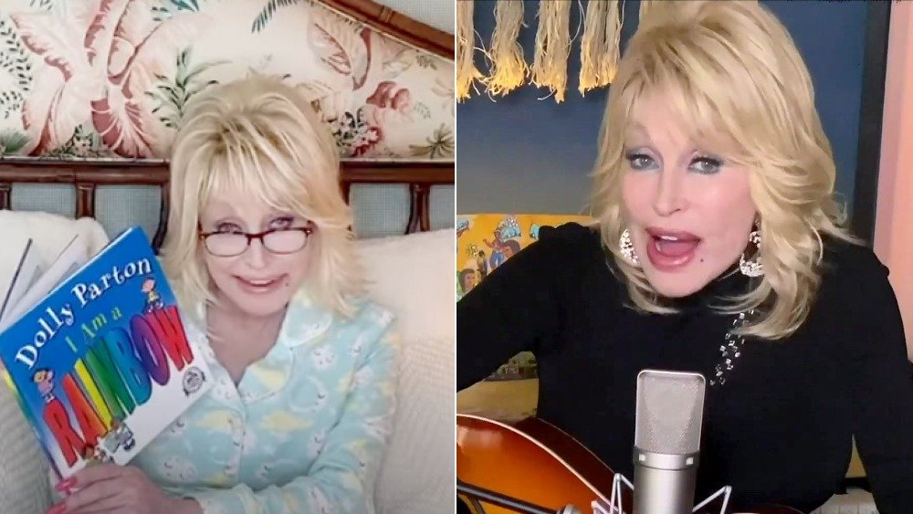 Split image of Dolly Parton reading bedtime stories and singing in 2020 at age 74