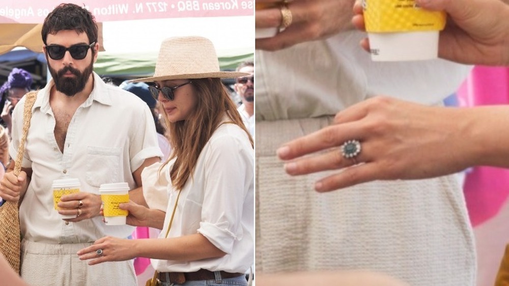 Robbie Arnett and Elizabeth Olsen at a farmer's market (left), detail of Elizabeth Olsen's engagement ring (right)