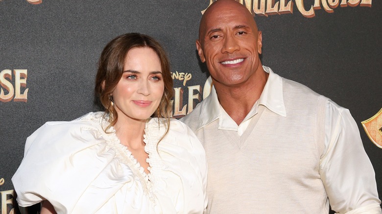Emily Blunt and Dwayne Johnson smiling