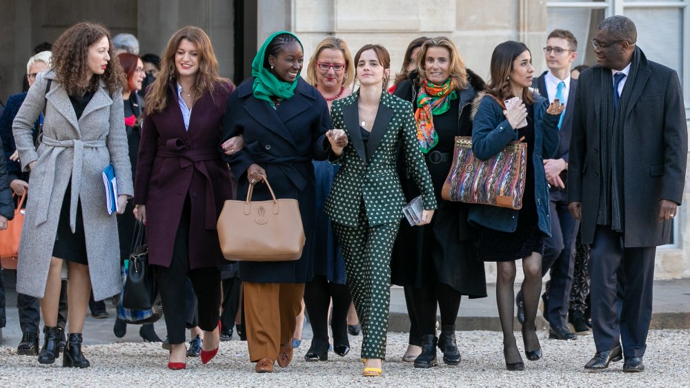 Assia Benziane, Marlene Schiappa, Aissata Lam, Emma Watson, Liza Azuelos, and Denis Mukwege walking at the 2019 G7 Summit