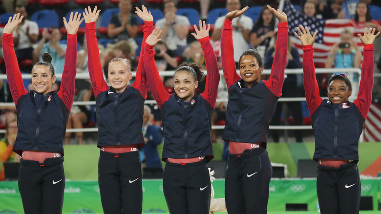 U.S. gymnasts waving at 2016 Olympics