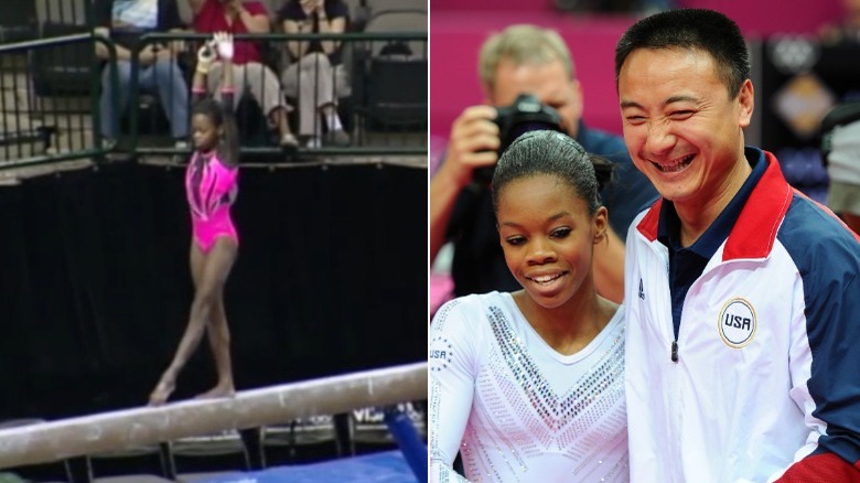 Gabby Douglas competing in 2009, Gabby Douglas with Coach Liang Chow at Olympics