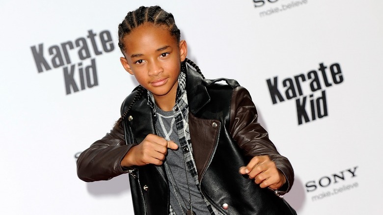 Jaden Smith at the premiere of Karate Kid, fists raised