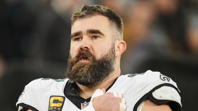 Jason Kelce standing for the national anthem in January 2024