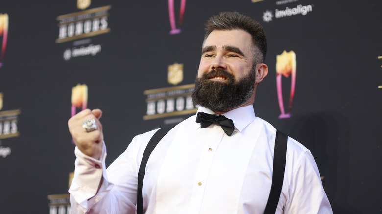 Jason Kelce posing on a red carpet in early 2022