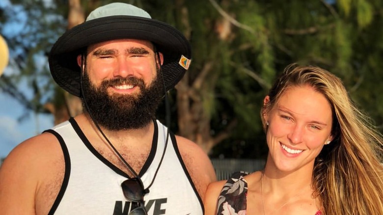 Kylie and Jason Kelce smiling in the sun