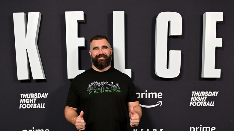 Jason Kelce posing at a promotional event for his documentary Kelce