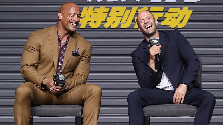 Dwayne Johnson and Jason Statham laughing