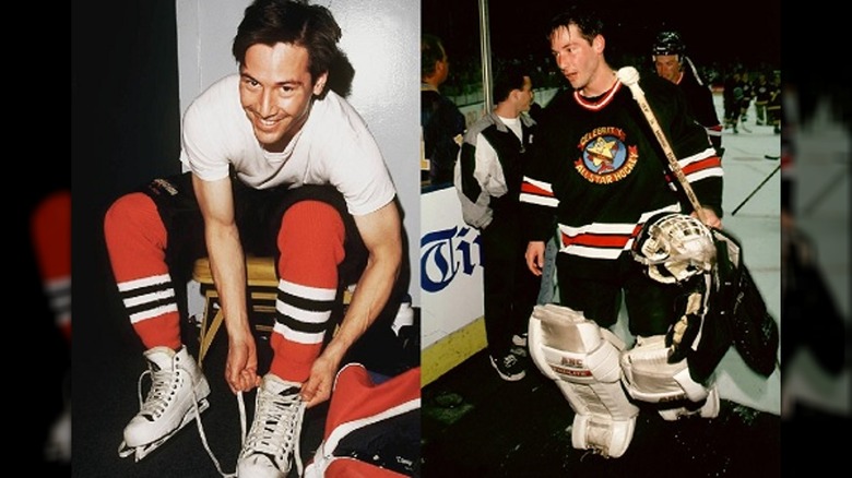 Keanu Reeves smiling and carrying his hockey gear