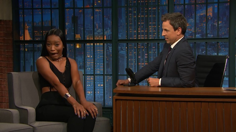 Keke Palmer making a face while talking to Seth Meyers