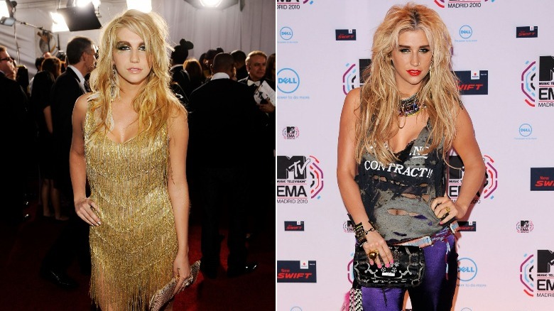 Kesha in Nicolas Jebran gold dress, Kesha in torn vest and purple leggings