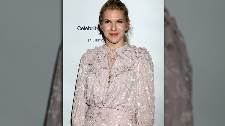 lily rabe in pastel pink floral silk dress